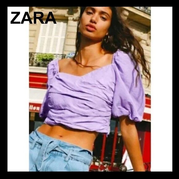 NWT ZARA linen blend lilac draped puff sleeves crop top - Picture 1 of 12